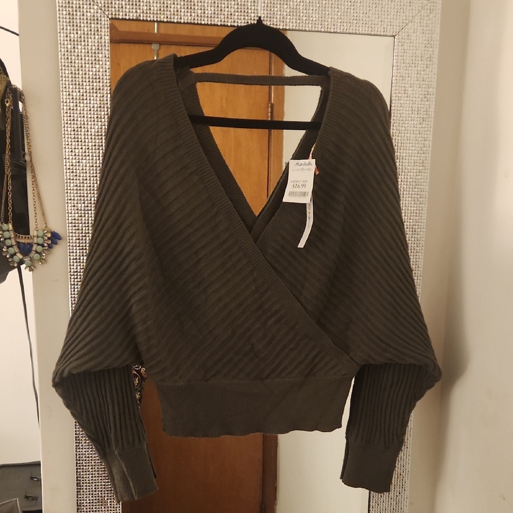 Women’s Olive Wrap Ribbed V-Neck Sweater